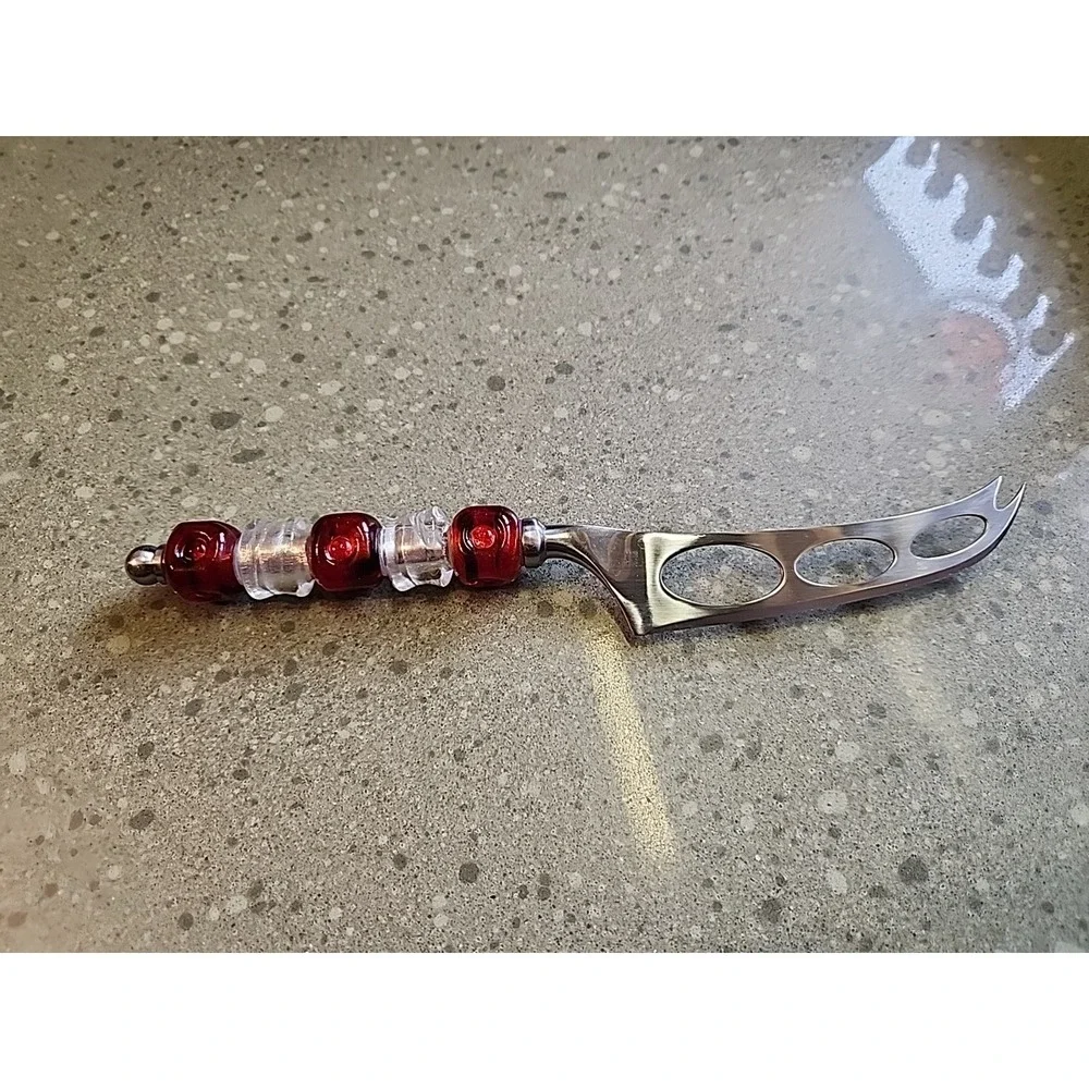 Pampered Chef CHEESE KNIFE Cranberry Glass Beaded Stainless Steel, Discontinued